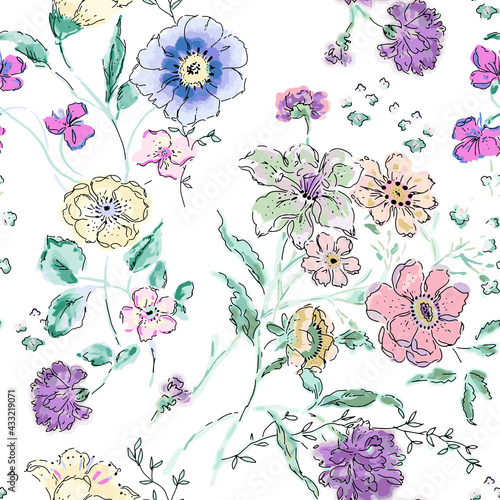Gentle watercolor floral seamless print for fabric or packaging paper. Vintage style