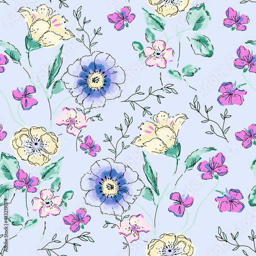 Gentle watercolor floral seamless print for fabric or packaging paper. Vintage style