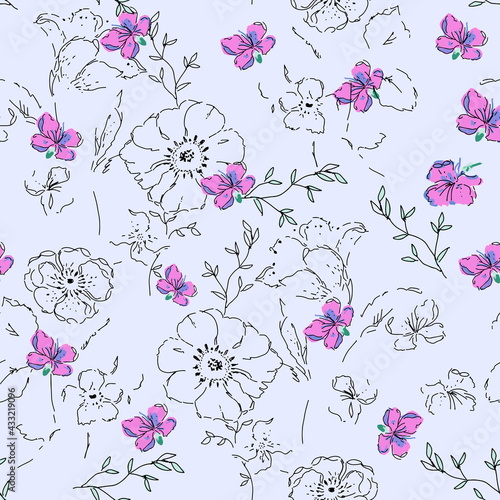 Gentle watercolor floral seamless print for fabric or packaging paper. Vintage style