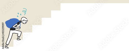 重い荷物を背負って階段を上る男性のバナー