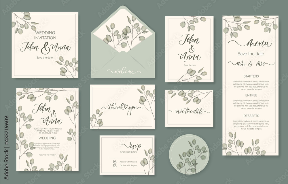 Wedding watercolor floral invitation, thank you, reply, menu, rsvp with gently watercolor eucalyptus green leaves.