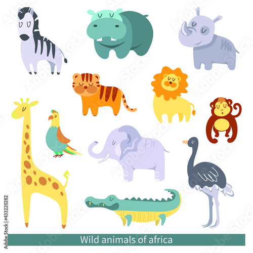 Wild animals collection Set  rhino elephant hippo crocodile parrot giraffe zebra tiger lion ostrich monkey Vector stock illustration White isolated background Cute stylized animals of Africa childrens