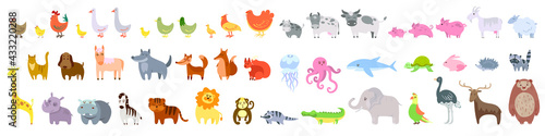 Set of cute domestic and wild animals, animals of the ocean and Africa Vector stock illustration White isolated background Farm bird cow bull calf pig goat sheep cat dog horse wolf fox  squirrel tiger
