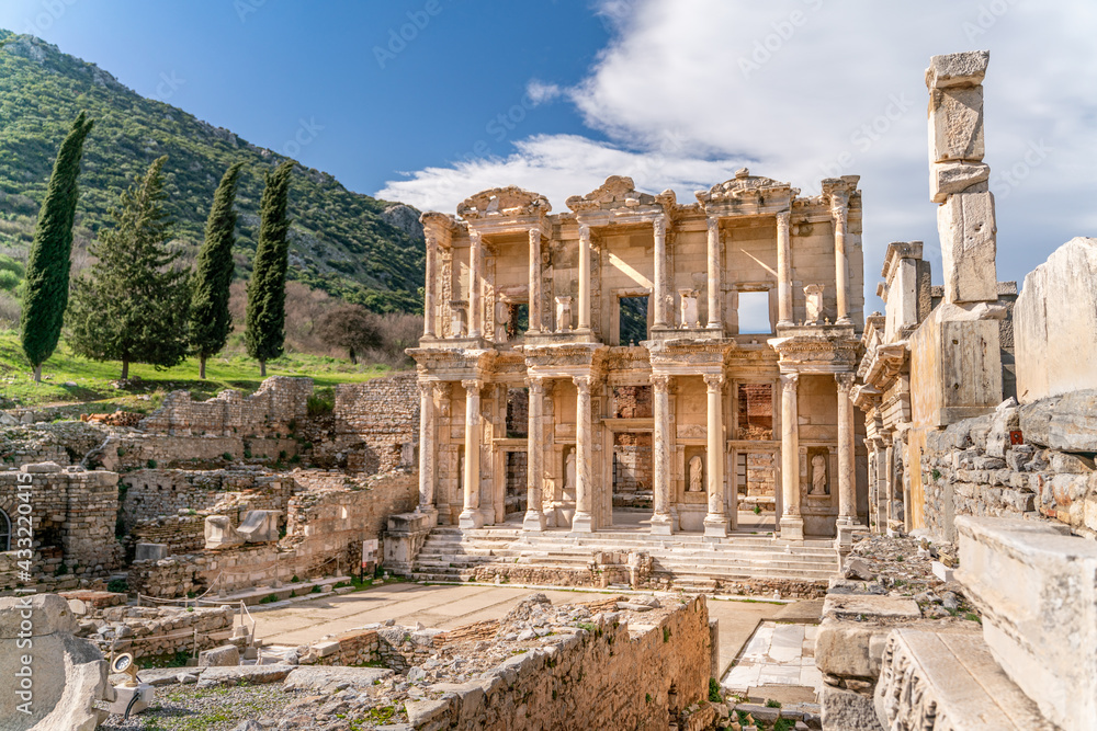 Celsus Library in Ephesus in Selcuk (Izmir), Turkey. Marble statue is Sophia, Goddess of Wisdom, at the Celcus Library at Ephesus, Turkey. The ruins of the ancient antique city.