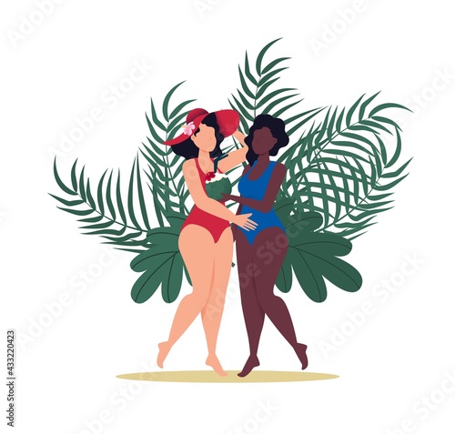 Woman in swimsuit summer vacation on tropical beach. Blue sea island resort. Summer vacation concept. Girl in bikini travel sea. Tropical island paradise. Palm leaves, ocean wave seaside.
