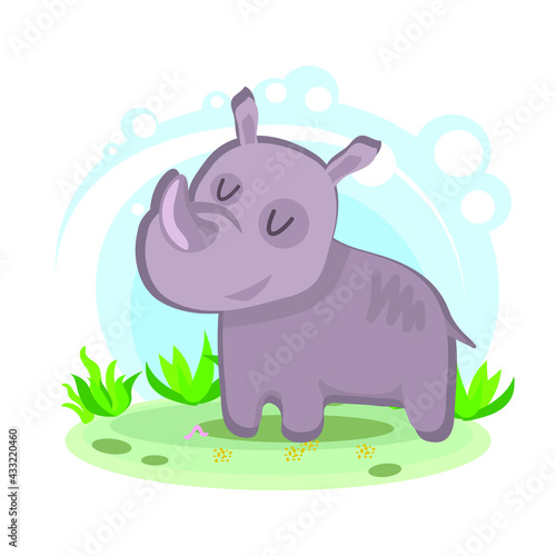 cartoon rhino. Wild animal of Africa. Stylized character in the location. Glade with plants and sky. simplified style. Vector stock illustration. educational card for children. wildlife 