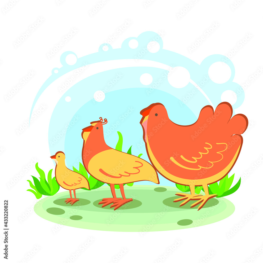 family of turkeys. Cartoon children's style. Character in location. Glade with plants and sky. simplified style. Vector stock illustration. farm bird
