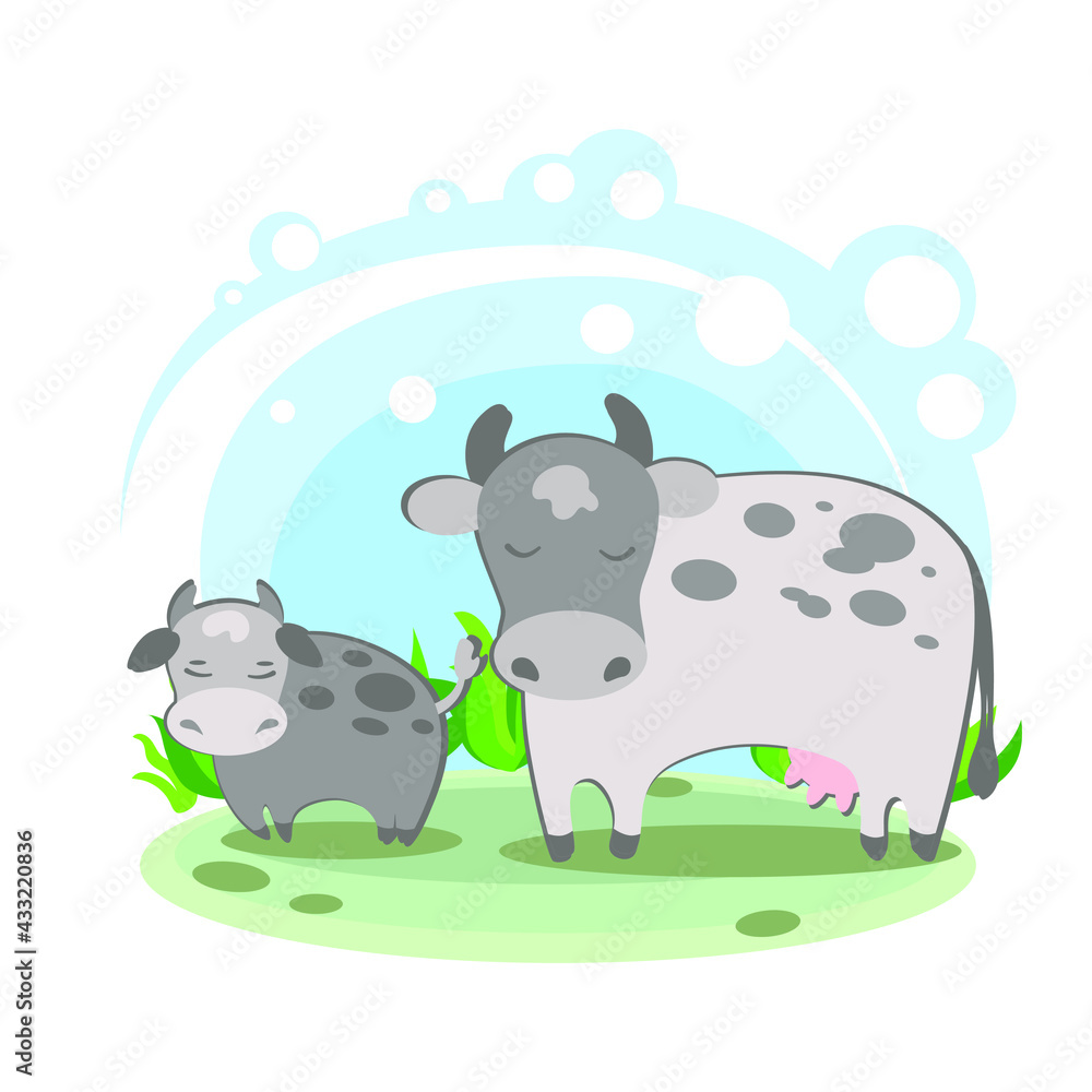Obraz premium Cow and calf family. Cartoon children's style. Character in location. Glade with plants and sky. simplified style. Vector stock illustration. domestic agricultural farm animal. card for children 