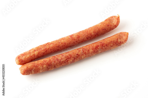 Chinese sausage isolated on a white background, As a preservation of food by drying with air.