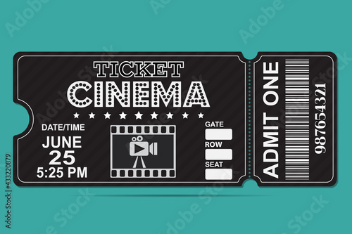 Movie ticket. Cinema tickets isolated. Film coupon label. Show, festival or theater entry pass on white background. Realistic illustration template of event entrance. Entertainment or concert card