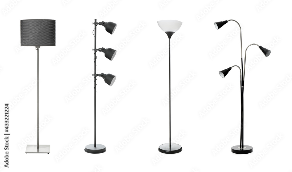 Set with different stylish floor lamps on white background Set with different stylish floor lamps on white background