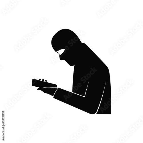 A professional fraudster uses a smartphone. The fraudster calls on a mobile phone. The concept of phone fraud, hacker attack, scam and cybercrime. Solid black vector icon isolated