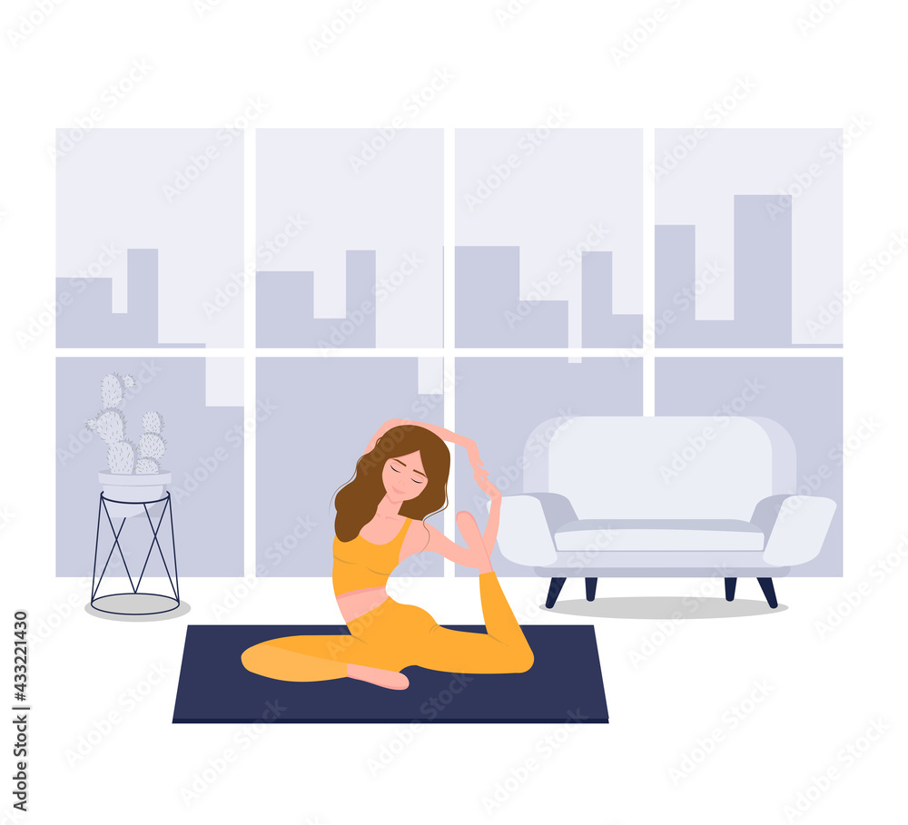 Woman training at home vector illustration. Flat cartoon characters. Sport Healthy Lifestyle. Gym, sport, fitness training at home.