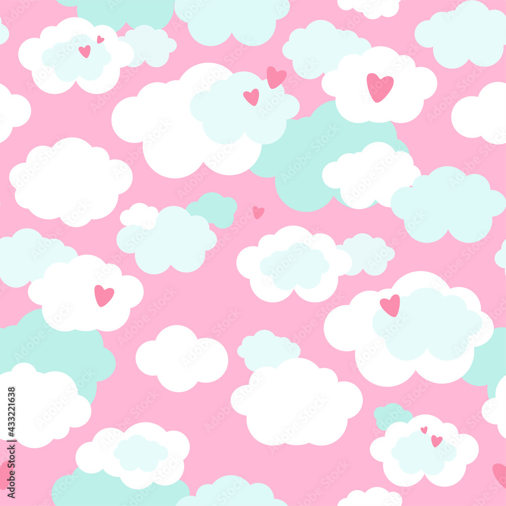 Cute seamless pattern with clouds in pastel colors. Great for baby fabric, textile, wallpaper, nursery room, scrapbooking or wrapping paper, party decoration. Kids cartoon vector background. 