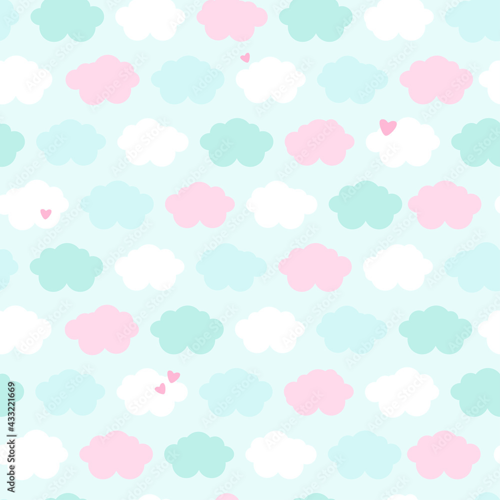 Cute seamless pattern with clouds in pastel colors. Great for baby fabric, textile, wallpaper, nursery room, scrapbooking or wrapping paper, party decoration. Kids cartoon vector background. 