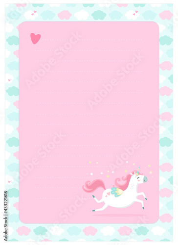 Letter  blank  wish list  page for notes in childish style in unicorn theme. Vector template suitable for to do list  party invitation and cute letter for postcrossing. 