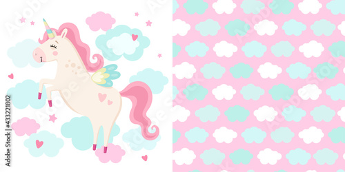 Set of cute magical unicorn and seamless pattern. Little princess theme. Vector hand drawn illustration. Great for kids party, greeting card, invitation, print for apparel, nursery room, wallpaper 