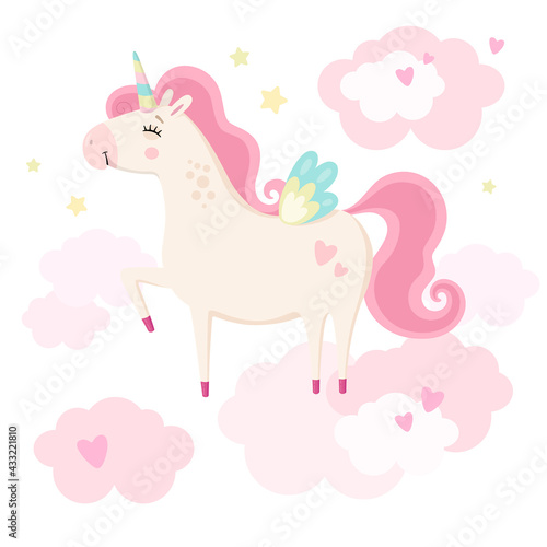 Cute magical unicorn in pink clouds. Little princess theme. Vector hand drawn illustration. Beautiful fantasy cartoon animal. Great for kids party  greeting cards  invitation  print for apparel  book