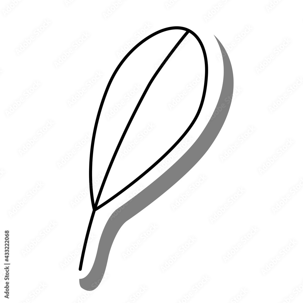 Black line cartoon simple leaf on white silhouette and gray shadow. Icon Emoji for decoration or any design. Vector illustration of nature. Black line cartoon simple leaf on white silhouette and gray shadow. Icon Emoji for decoration or any design. Vector illustration of nature.