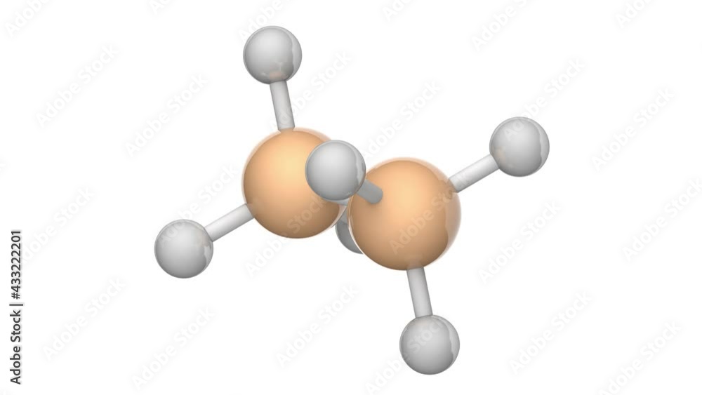Disilane is a chemical compound with chemical formula Si2H6 or H6Si2. 3D render. Seamless loop. Chemical structure model: Ball and Stick. White background Disilane is a chemical compound with chemical formula Si2H6 or H6Si2. 3D render. Seamless loop. Chemical structure model: Ball and Stick. White background