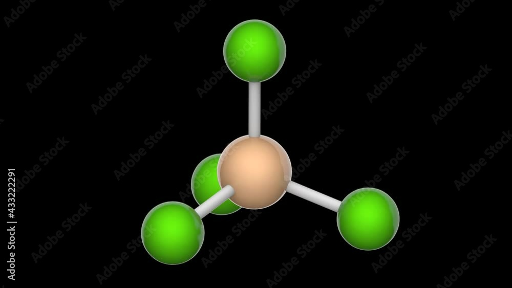 Silicon tetrachloride or tetrachlorosilane or Silicon (IV) chloride. Formula SiCl4 or Cl4Si. 3D render. Seamless loop. Chemical structure model: Ball and Stick. RGB + Alpha (Transparent) channel. Silicon tetrachloride or tetrachlorosilane or Silicon (IV) chloride. Formula SiCl4 or Cl4Si. 3D render. Seamless loop. Chemical structure model: Ball and Stick. RGB + Alpha (Transparent) channel.