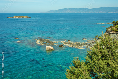 Fototapeta Naklejka Na Ścianę i Meble -  View to the Cyprus island sea coast with blue water and mountain. Akamas cape landscape