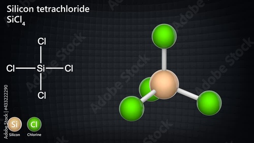 Silicon tetrachloride or tetrachlorosilane or Silicon (IV) chloride. Formula SiCl4 or Cl4Si. 3D render. Seamless loop. Chemical structure model: Ball and Stick. photo