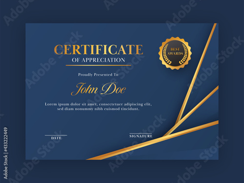 Certificate Of Appreciation Template Design In Blue And Golden Color.