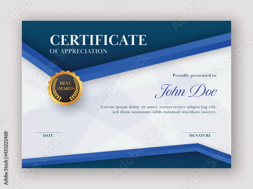 Horizontal Certificate Of Appreciation Template Design In Blue Color.