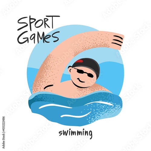 Decorative sign of a man swimming in the pool on the background of a circle isolated on white. Color icon of a swimmer with the lettering sport games. Symbol of a sports game. Vector illustration