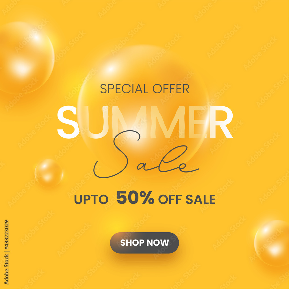 UP TO 50% Off For Summer Sale Poster Design With 3D Golden Balls Or Sphere.