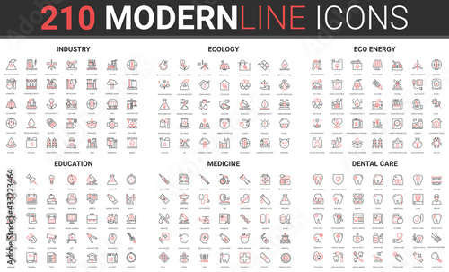 Eco sustainable renewable energy, ecology technology for power industry line icon vector illustration set. Red black thin linear symbols for dental care dentistry medicine, modern learning education