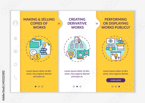 Distinctive author rights onboarding vector template. Responsive mobile website with icons. Web page walkthrough 3 step screens. Performing works publicly color concept with linear illustrations