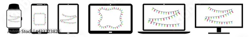 Fairy Lights Display Icon Devices Set | Screen Christmas Device | X-mas Laptop Vector Illustration | Celebration Mobile Phone | PC Computer Smartphone Tablet Garland Sign Isolated