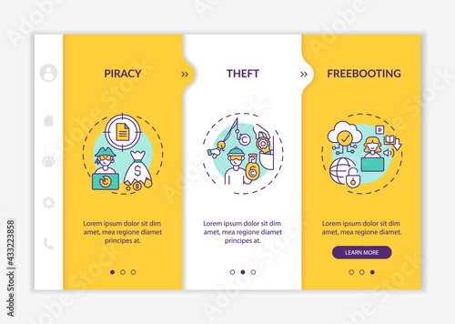 Copyright contravention types onboarding vector template. Responsive mobile website with icons. Web page walkthrough 3 step screens. Piracy, freebooting, theft color concept with linear illustrations