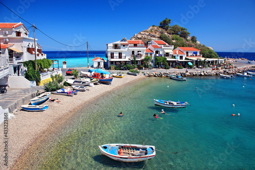 Kokkari village, one of the most popular tourist destinations in Samos island, Greece.