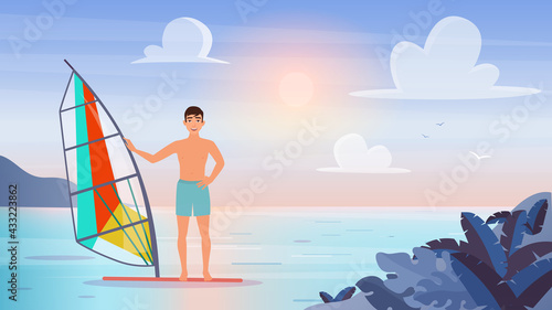 People windsurf, extreme water sports vector illustration. Cartoon young sportive tourist windsurfer man character windsurfing, sailing in tropical sea or ocean landscape, summer vacation background