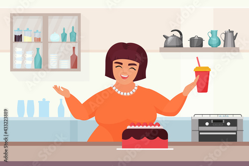 Cakes making process, confectionery vector illustration. Cartoon woman confectioner character cooking homemade cake, sweet chocolate dessert with cream in interior of modern kitchen background