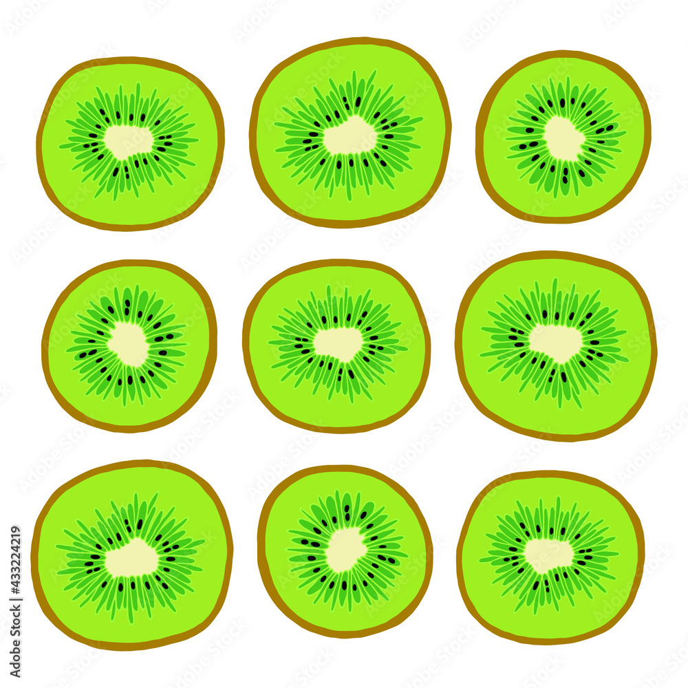 Fototapeta premium Bright vector illustration with green kiwi slices on a white background.