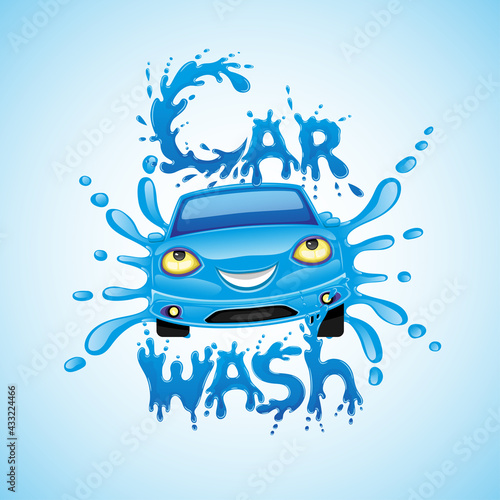 Car wash sign with blue car and water splashes on blue background.