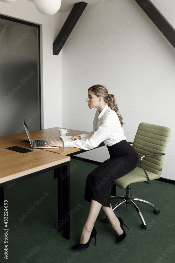 Portrait of a businesswoman with a laptop writing on a document in her office. Girl close-up at work. Portrait of a businesswoman with a laptop writing on a document in her office. Girl close-up at work.
