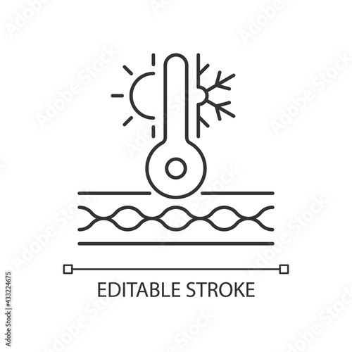 Thermal insulated fabric feature linear icon. Fiber property for extreme conditions. Thin line customizable illustration. Contour symbol. Vector isolated outline drawing. Editable stroke