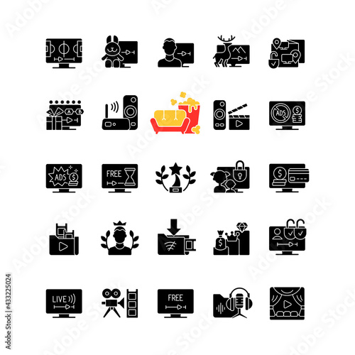 Streaming services black glyph icons set on white space. Subscription plan for month. Watching video content at home. Virtual co-viewing. Ad breaks. Silhouette symbols. Vector isolated illustration
