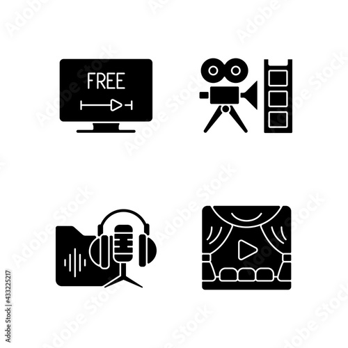 Streaming services black glyph icons set on white space. Free trial option. Retro channel. Podcasts library. Premiere. Free one-month service. Silhouette symbols. Vector isolated illustration