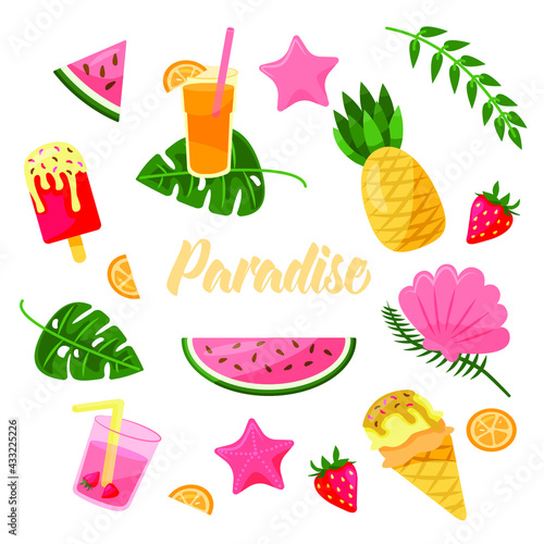 A set of tropical fruit (pineapple, watermelon, orange, strawberry), summer food and drinks, seashells and leaves in orange, green and pink colours