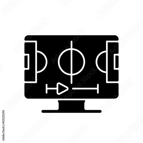 Sports streaming black glyph icon. Watching live sporting events. Football, basketball and baseball games. Televised sports matches. Silhouette symbol on white space. Vector isolated illustration