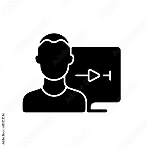 Streaming service user account black glyph icon. Watching video content at home. Watching TV shows and movies. Account for personal use. Silhouette symbol on white space. Vector isolated illustration