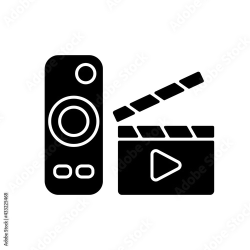Movies streaming black glyph icon. Moving picture on television. TV shows online. Theatre-style movie experience at home. Video platform. Silhouette symbol on white space. Vector isolated illustration