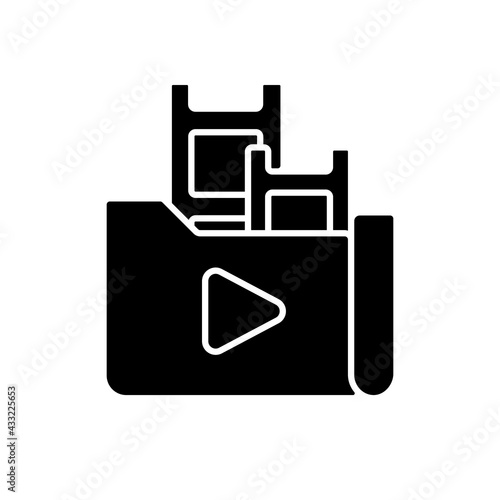 Streaming service library black glyph icon. Films and television shows collection. Media content. On-demand streaming video platform. Silhouette symbol on white space. Vector isolated illustration