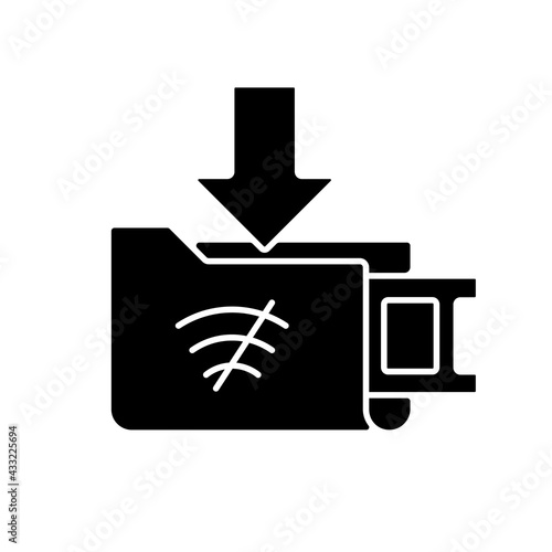 Offline downloads black glyph icon. Free movies download for offline viewing. Watching movies without internet connection. Silhouette symbol on white space. Vector isolated illustration